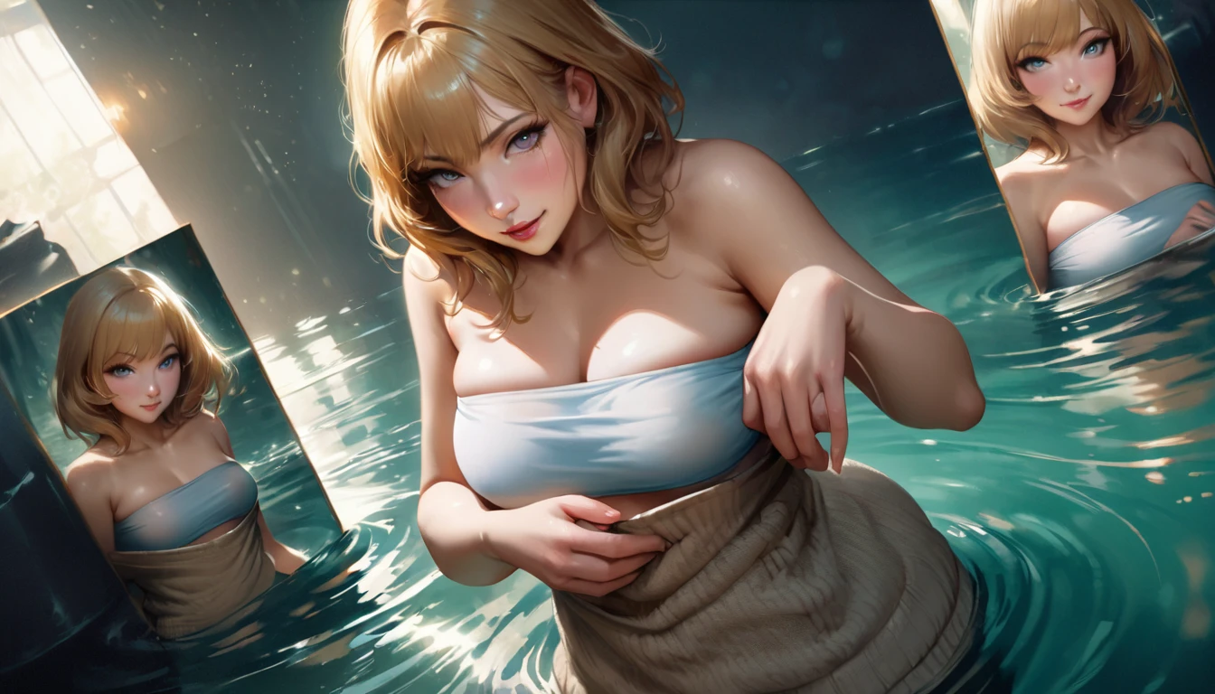 (tmasterpiece), (top-quality), (Bandeau Dress:1.5), (Sweater fabric:1.5), (Realistic:1.5), 1Blittle girl, precise hands, embarrassing looking、 Smile、 Very Cute Girl, Baby face, Clear eyes, Shining eyes, the lower abdomen is visible, crotch visible, No pubic hair, Beautiful skins, ultra-definition, Top resolution, Golden hair, In the lake