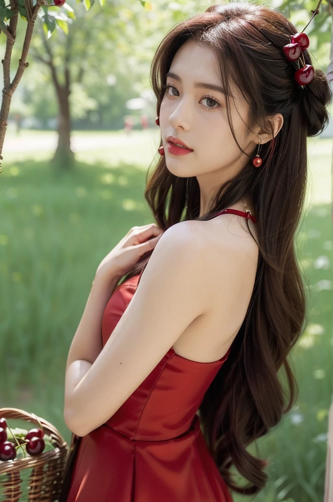 (((best quality))),(((ultra detailed))),(((masterpiece))),illustration,1 beautiful girl,solo,earrings,necklace,medium straight hair,slim,flat chest,red dress,summer,(cherry orchard full of red cherries:1.3),sunlight,dappled light,fair skin,smile,(ripest cherries on the trees:1.3),red lips,peaceful,summer breeze,hair fluttering,setting sun,radiant hue,beauty grace,basket,upper body