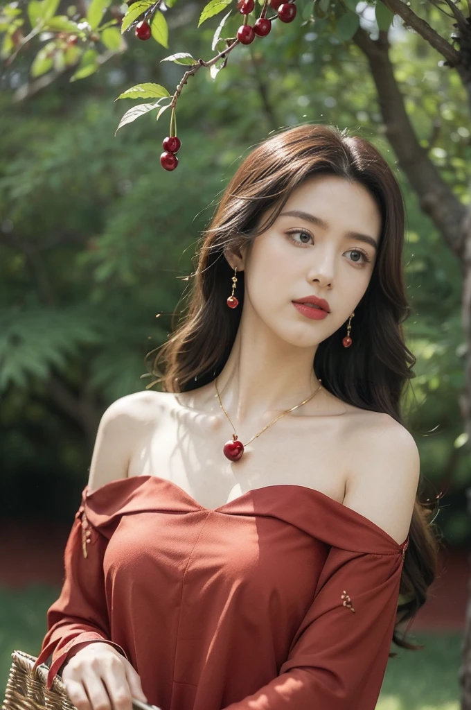 (((best quality))),(((ultra detailed))),(((masterpiece))),illustration,1 beautiful girl,solo,earrings,necklace,medium straight hair,slim,flat chest,red dress,summer,(cherry orchard full of red cherries:1.3),sunlight,dappled light,fair skin,smile,(ripest cherries on the trees:1.3),red lips,peaceful,summer breeze,hair fluttering,setting sun,radiant hue,beauty grace,basket,upper body