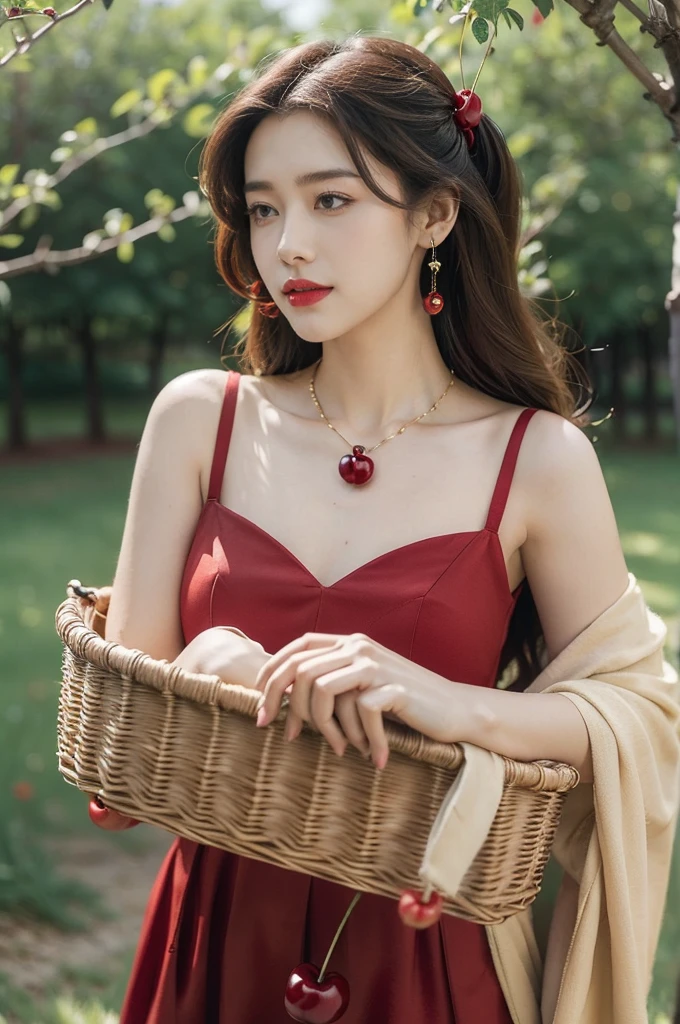 (((best quality))),(((ultra detailed))),(((masterpiece))),illustration,1 beautiful girl,solo,earrings,necklace,medium straight hair,slim,flat chest,red dress,summer,(cherry orchard full of red cherries:1.3),sunlight,dappled light,fair skin,smile,(ripest cherries on the trees:1.3),red lips,peaceful,summer breeze,hair fluttering,setting sun,radiant hue,beauty grace,basket,upper body