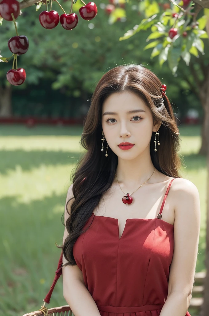 (((best quality))),(((ultra detailed))),(((masterpiece))),illustration,1 beautiful girl,solo,earrings,necklace,medium straight hair,slim,flat chest,red dress,summer,(cherry orchard full of red cherries:1.3),sunlight,dappled light,fair skin,smile,(ripest cherries on the trees:1.3),red lips,peaceful,summer breeze,hair fluttering,setting sun,radiant hue,beauty grace,basket,upper body