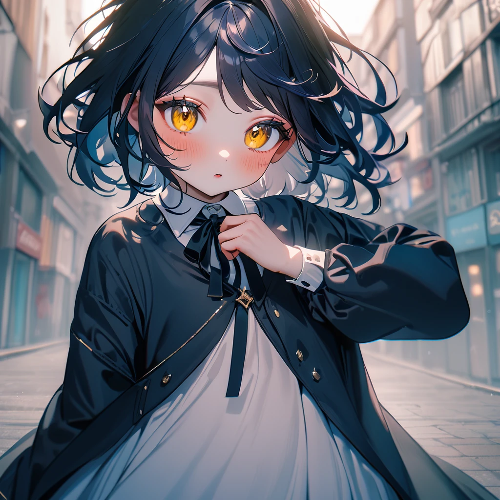 (1 person),(alone),(Dark blue hair),(white:1),(Yellow Eyes),(Cowboy Shot),(cute),white,Highest quality, so beautiful,Absurd,(Boys Shoot)