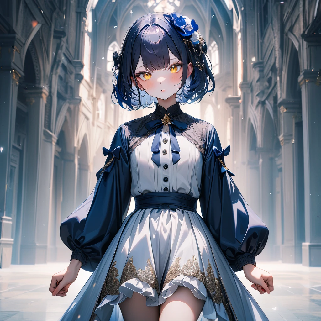 (1 person),(alone),(Dark blue hair),(white:1),(Yellow Eyes),(Cowboy Shot),(cute),white,Highest quality, so beautiful,Absurd,(Boys Shoot)