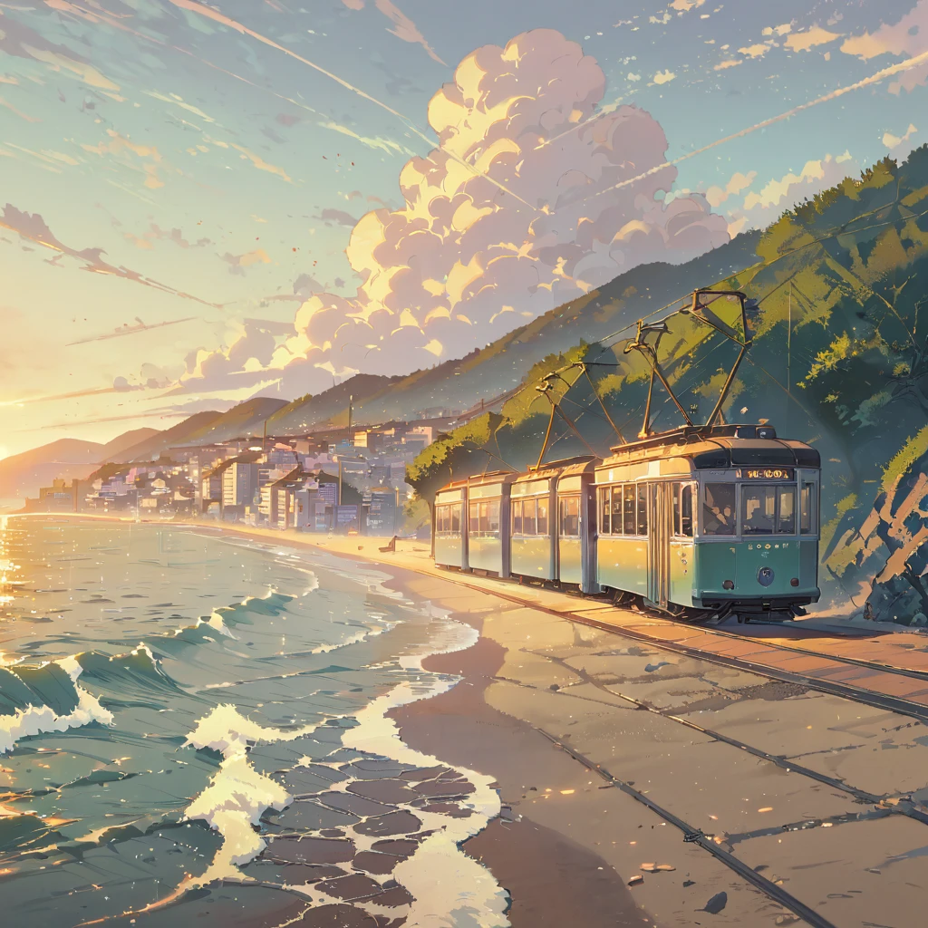 ((anime:1.4,illustration)),(masterpiece, top quality, best quality),(ultra-detailed, absolutely resolution),((16k, high res)), (((tram, seaside, blue sky, cumulonimbus cloud)) ((cozy lofi illustration:1.4)), ((anime:1.4, illustration)),(masterpiece, top quality, best quality),(ultra-detailed, absolutely resolution),((16k, high res)) BREAK {lofi art, style of Laurie Greasley, style of Makoto Shinkai, anime aesthetic}, BREAK { (produces images with information than 40 million pixels with cinematic-like detailed textures shot on a Sony SLR).}