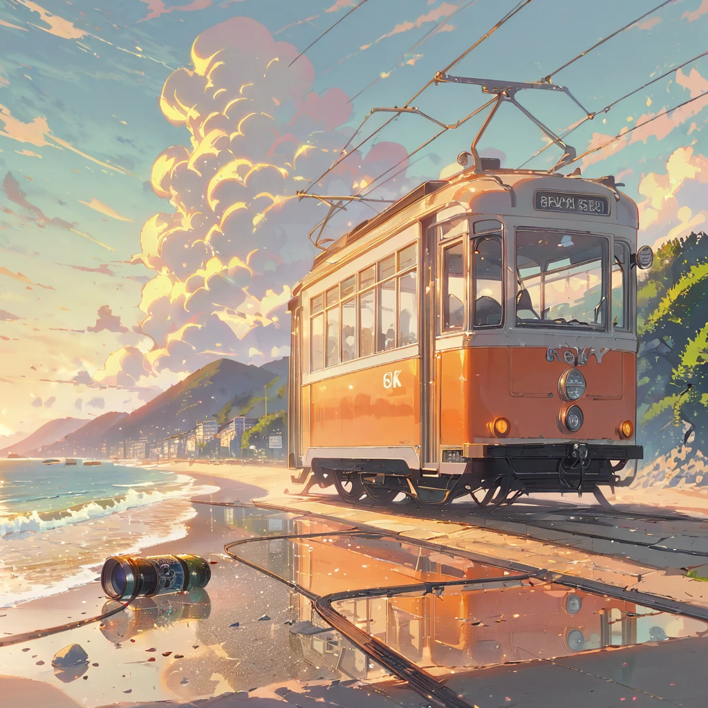 ((anime:1.4,illustration)),(masterpiece, top quality, best quality),(ultra-detailed, absolutely resolution),((16k, high res)), (((tram, seaside, blue sky, cumulonimbus cloud)) ((cozy lofi illustration:1.4)), ((anime:1.4, illustration)),(masterpiece, top quality, best quality),(ultra-detailed, absolutely resolution),((16k, high res)) BREAK {lofi art, style of Laurie Greasley, style of Makoto Shinkai, anime aesthetic}, BREAK { (produces images with information than 40 million pixels with cinematic-like detailed textures shot on a Sony SLR).}