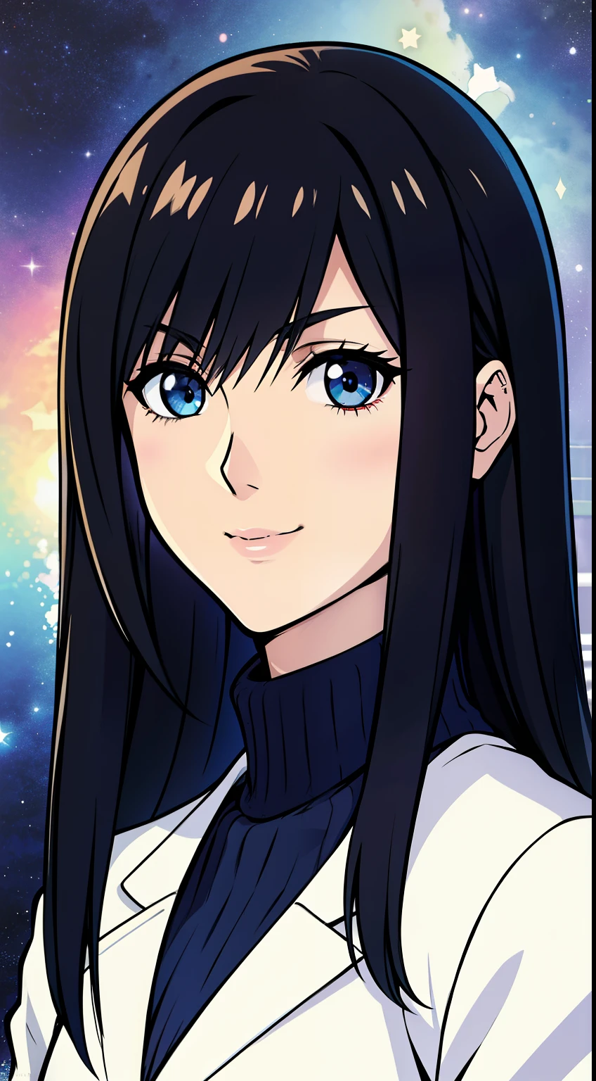 (high-quality, breathtaking),(expressive eyes, perfect face) Symmetrical Eyes, portrait, nomura tetsuya, nomura tetsuya art style, final fantasy, Kingdom Hearts, 1girl, female, black hair color, dark blue eye colors, hair between eyes, long hair length, neutral expression, feminine face, cute smile, black long sleeved jacket, open jacket, white shirt, black jeans, facing towards viewer, black background, official art, square enix, starry night
