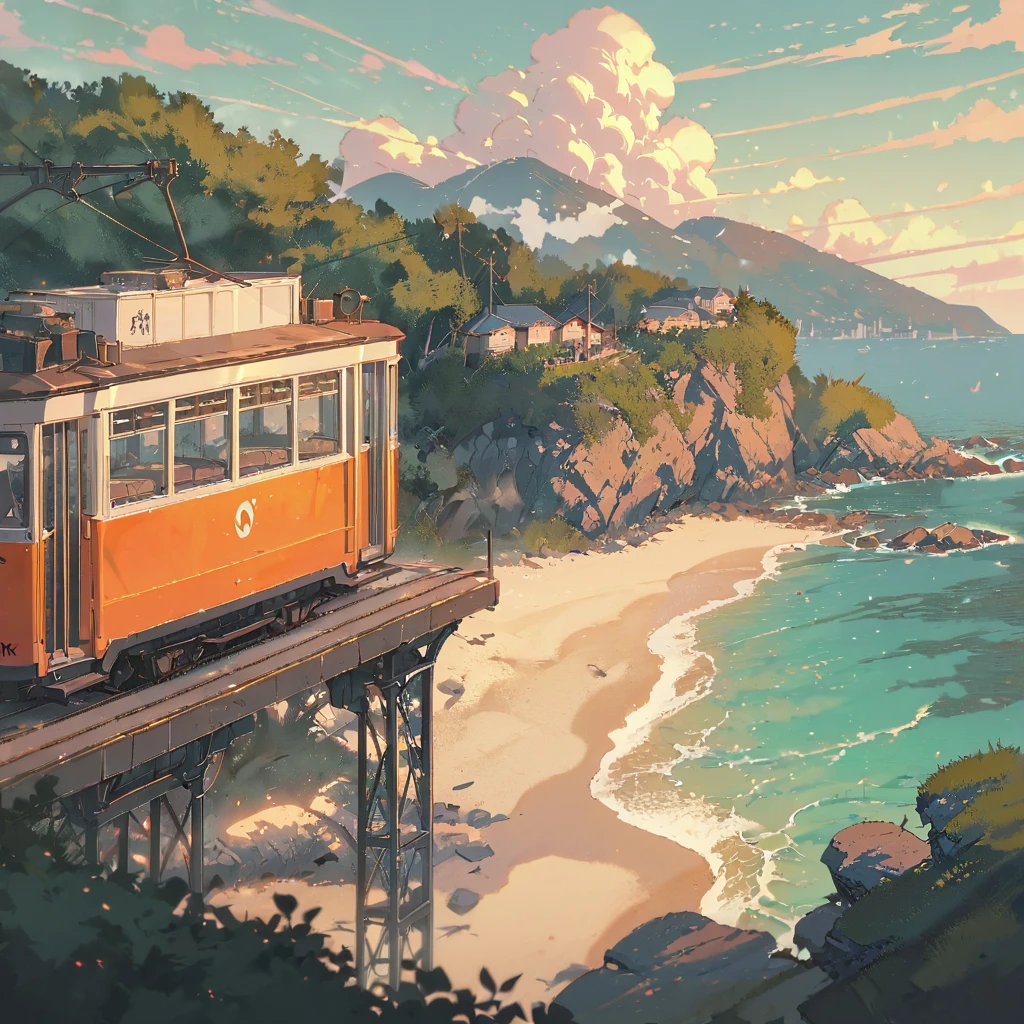 ((anime:1.4,illustration)),(masterpiece, top quality, best quality),(ultra-detailed, absolutely resolution),((16k, high res)), (((tram, seaside, blue sky, cumulonimbus cloud)) ((cozy lofi illustration:1.4)), ((anime:1.4, illustration)),(masterpiece, top quality, best quality),(ultra-detailed, absolutely resolution),((16k, high res)) BREAK {lofi art, style of Laurie Greasley, style of Makoto Shinkai, anime aesthetic}, BREAK { (produces images with information than 40 million pixels with cinematic-like detailed textures shot on a Sony SLR).}