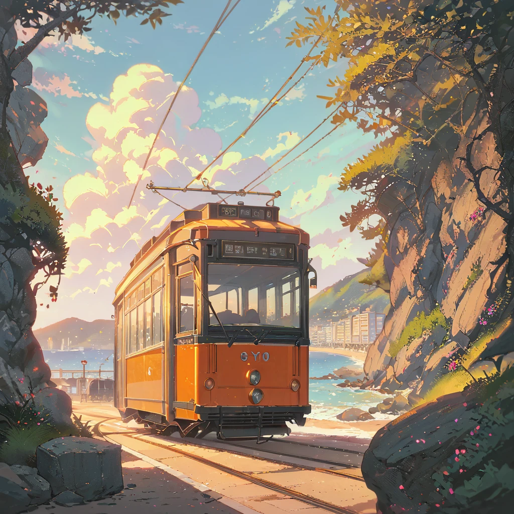 ((anime:1.4,illustration)),(masterpiece, top quality, best quality),(ultra-detailed, absolutely resolution),((16k, high res)), (((tram, seaside, blue sky, cumulonimbus cloud)) ((cozy lofi illustration:1.4)), ((anime:1.4, illustration)),(masterpiece, top quality, best quality),(ultra-detailed, absolutely resolution),((16k, high res)) BREAK {lofi art, style of Laurie Greasley, style of Makoto Shinkai, anime aesthetic}, BREAK { (produces images with information than 40 million pixels with cinematic-like detailed textures shot on a Sony SLR).}