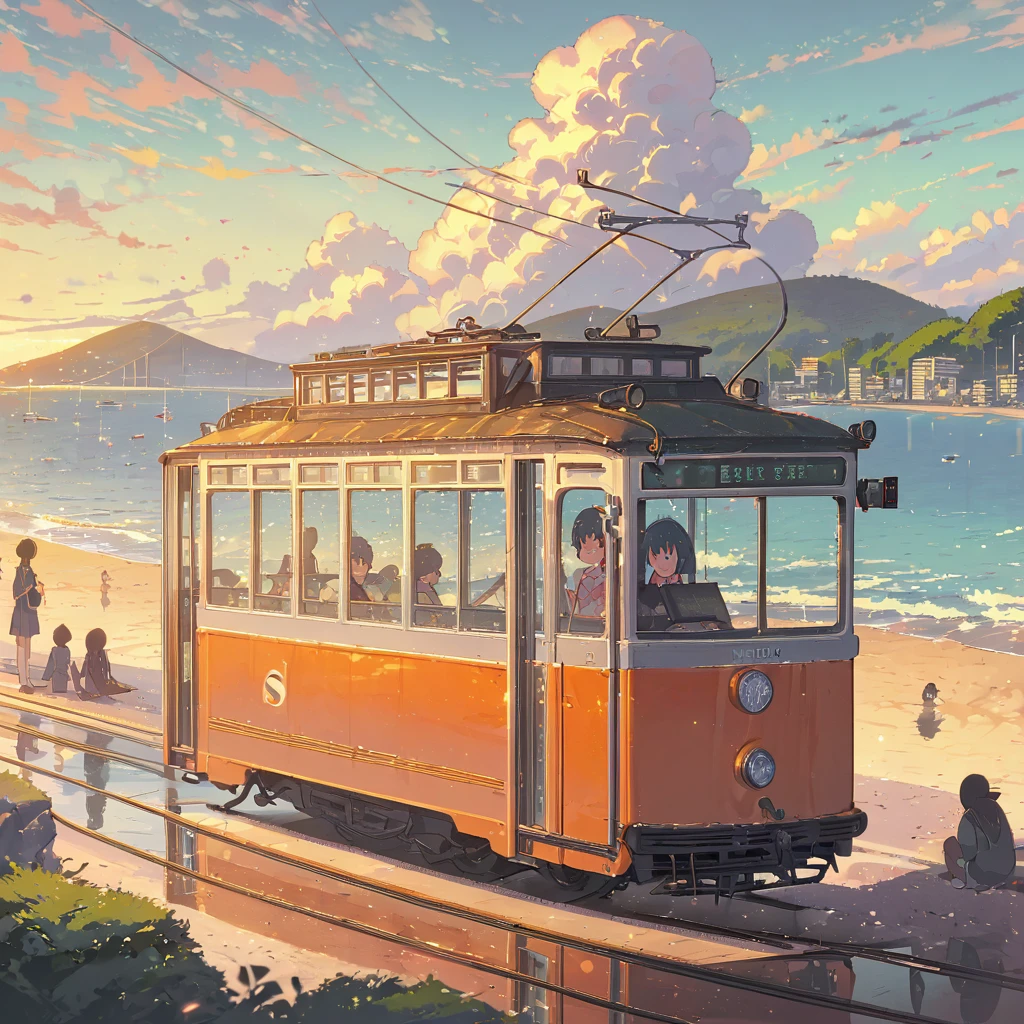 ((anime:1.4,illustration)),(masterpiece, top quality, best quality),(ultra-detailed, absolutely resolution),((16k, high res)), (((tram, seaside, blue sky, cumulonimbus cloud)) ((cozy lofi illustration:1.4)), ((anime:1.4, illustration)),(masterpiece, top quality, best quality),(ultra-detailed, absolutely resolution),((16k, high res)) BREAK {lofi art, style of Laurie Greasley, style of Makoto Shinkai, anime aesthetic}, BREAK { (produces images with information than 40 million pixels with cinematic-like detailed textures shot on a Sony SLR).}