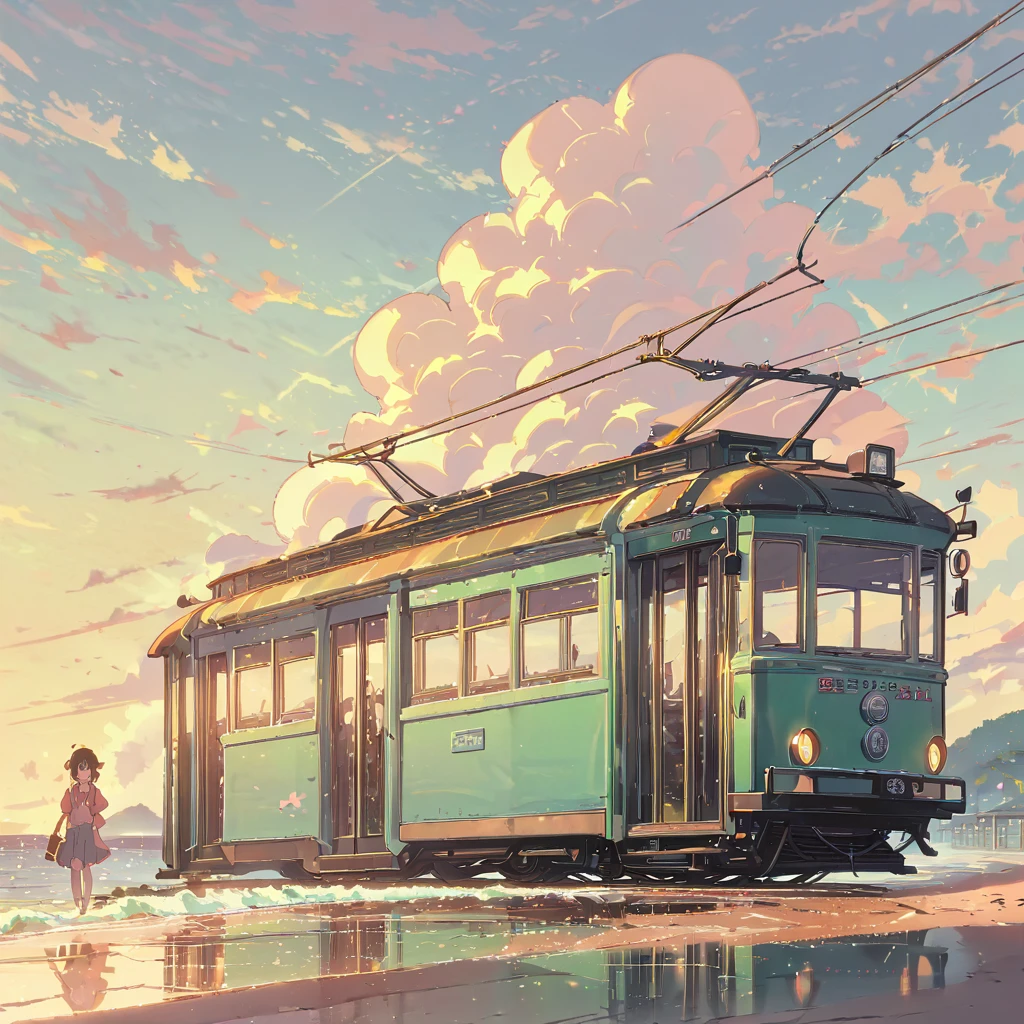 ((anime:1.4,illustration)),(masterpiece, top quality, best quality),(ultra-detailed, absolutely resolution),((16k, high res)), (((tram, seaside, blue sky, cumulonimbus cloud)) ((cozy lofi illustration:1.4)), ((anime:1.4, illustration)),(masterpiece, top quality, best quality),(ultra-detailed, absolutely resolution),((16k, high res)) BREAK {lofi art, style of Laurie Greasley, style of Makoto Shinkai, anime aesthetic}, BREAK { (produces images with information than 40 million pixels with cinematic-like detailed textures shot on a Sony SLR).}