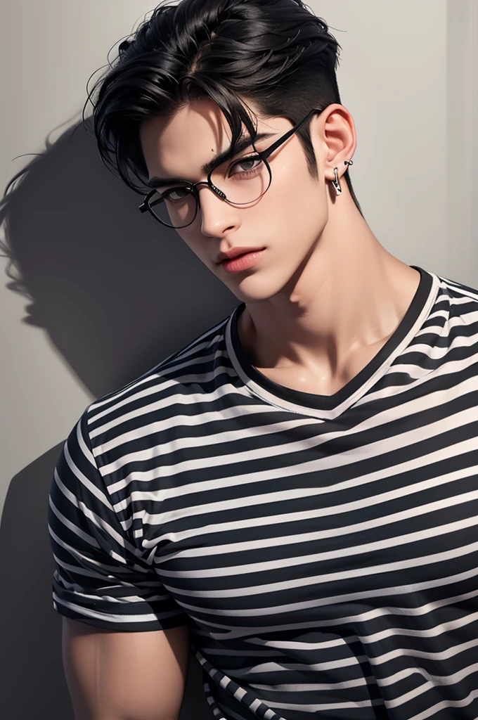 1male,muscular,pectorals,black hair,earrings,glasses,horizontal stripes,jewelry,lips,shadow,shirt,solo,striped,striped shirt,upper body,vertical stripes,vintage_vibes,