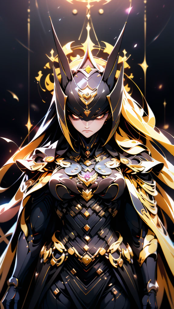 A woman adorned in fantasy-style full-body armor, a crown-concept fully enclosed helmet that unveils only her eyes, a composite layered chest plate, fully encompassing shoulder and hand guards, a lightweight waist armor, form-fitting shin guards, the overall design is heavy-duty yet flexible, (the armor gleams with a golden glow, complemented by red and blue accents), exhibiting a noble aura, she floats above a fantasy-surreal high-tech city, this character embodies a finely crafted fantasy-surreal style armored hero in anime style, exquisite and mature manga art style, (mixture of Queen bee and Spider concept Armor, plasma), ((Element, elegant, goddess, femminine:1.5)), metallic, high definition, best quality, highres, ultra-detailed, ultra-fine painting, extremely delicate, professional, anatomically correct, symmetrical face, extremely detailed eyes and face, high quality eyes, creativity, RAW photo, UHD, 32k, Natural light, cinematic lighting, masterpiece-anatomy-perfect, masterpiece:1.5