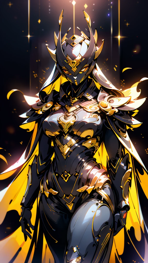 A woman adorned in fantasy-style full-body armor, a crown-concept fully enclosed helmet that unveils only her eyes, a composite layered chest plate, fully encompassing shoulder and hand guards, a lightweight waist armor, form-fitting shin guards, the overall design is heavy-duty yet flexible, (the armor gleams with a golden glow, complemented by red and blue accents), exhibiting a noble aura, she floats above a fantasy-surreal high-tech city, this character embodies a finely crafted fantasy-surreal style armored hero in anime style, exquisite and mature manga art style, (mixture of Queen bee and Spider concept Armor, plasma), ((Element, elegant, goddess, femminine:1.5)), metallic, high definition, best quality, highres, ultra-detailed, ultra-fine painting, extremely delicate, professional, anatomically correct, symmetrical face, extremely detailed eyes and face, high quality eyes, creativity, RAW photo, UHD, 32k, Natural light, cinematic lighting, masterpiece-anatomy-perfect, masterpiece:1.5