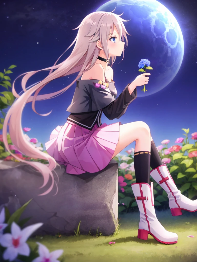 one girl, IA, vocaloid, skirt, black shirt, off shoulder, choker, beauty, girl from other planet, happy, mysterious girl, boots, sitting on garden ground, full body, hold knee, from side, gaze at sky, night sky, face in profile