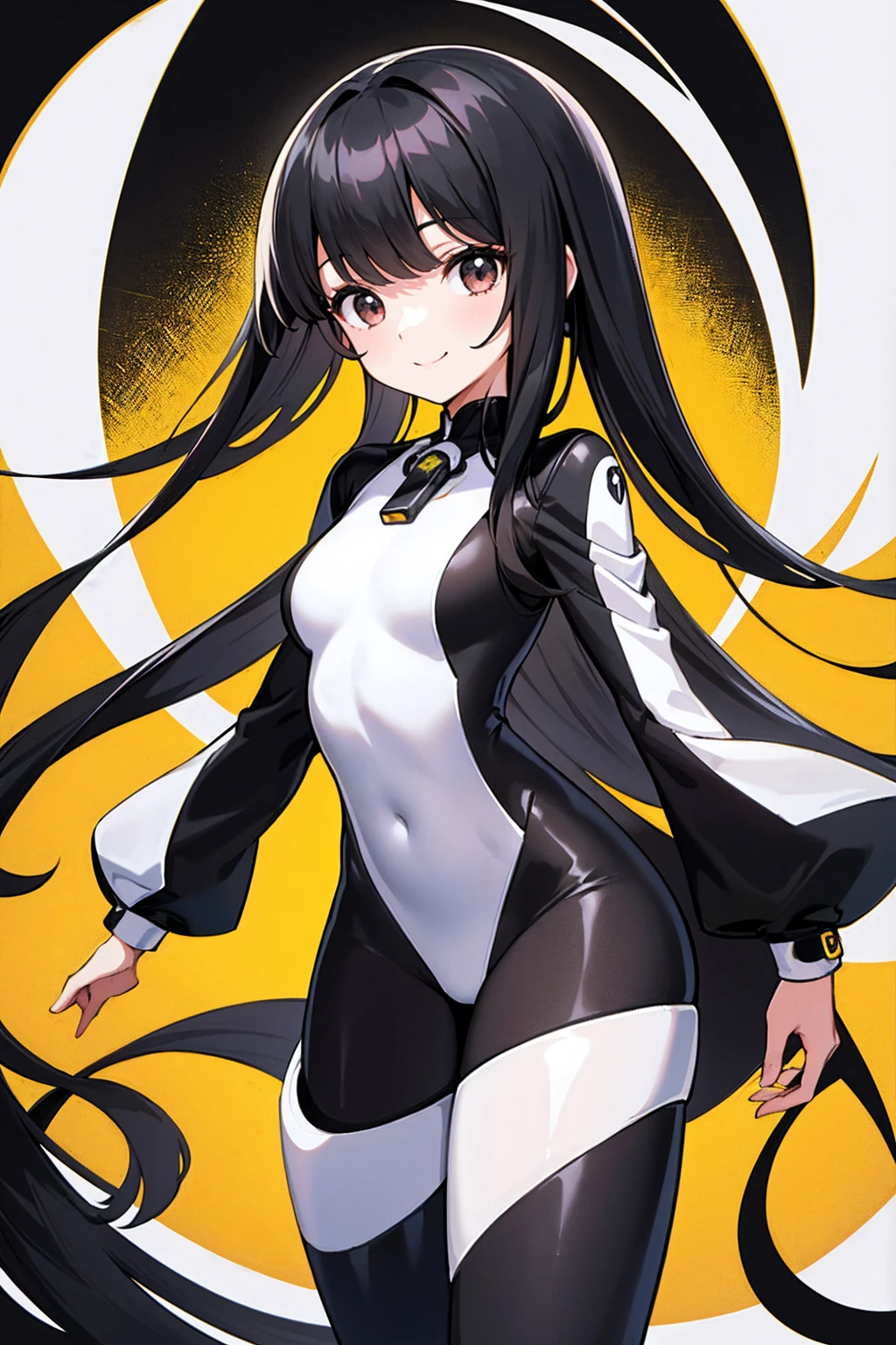 whole body,Standing posture, (alone,Beautifully arranged hair,Hime cut,Black Hair,Long Straight Hair,) (One girl, Normal milk), (beautifully drawn face:1.2) (Plug Suit:1.3,Black clothes) smile,Cool pose,(White background)