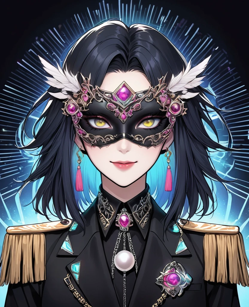 (Digital Illustration,Detailed anime style,Heavy Metal Cyberpunk,Pearl tassel eye mask,Girl wearing eye mask,Queen aura,out a hand,Solitary,symmetry),(Big colorful eyes,Fashionable and exquisite facial features,Exquisite makeup,Smooth skin,Smile,Soulful gaze,),(Hair Bunch),(Black suit,Epaulettes-Chain,cool,),(((Correct human anatomy))),Radioactive geometric dynamic light wave background
