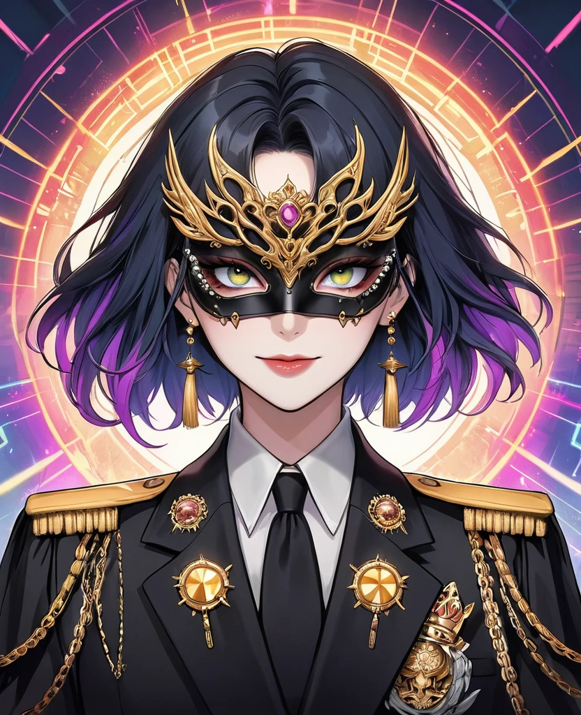 (Digital Illustration,Detailed anime style,Heavy Metal Cyberpunk,Pearl tassel eye mask,Girl wearing eye mask,Queen aura,out a hand,Solitary,symmetry),(Big colorful eyes,Fashionable and exquisite facial features,Exquisite makeup,Smooth skin,Smile,Soulful gaze,),(Hair Bunch),(Black suit,Epaulettes-Chain,cool,),(((Correct human anatomy))),Radioactive geometric dynamic light wave background