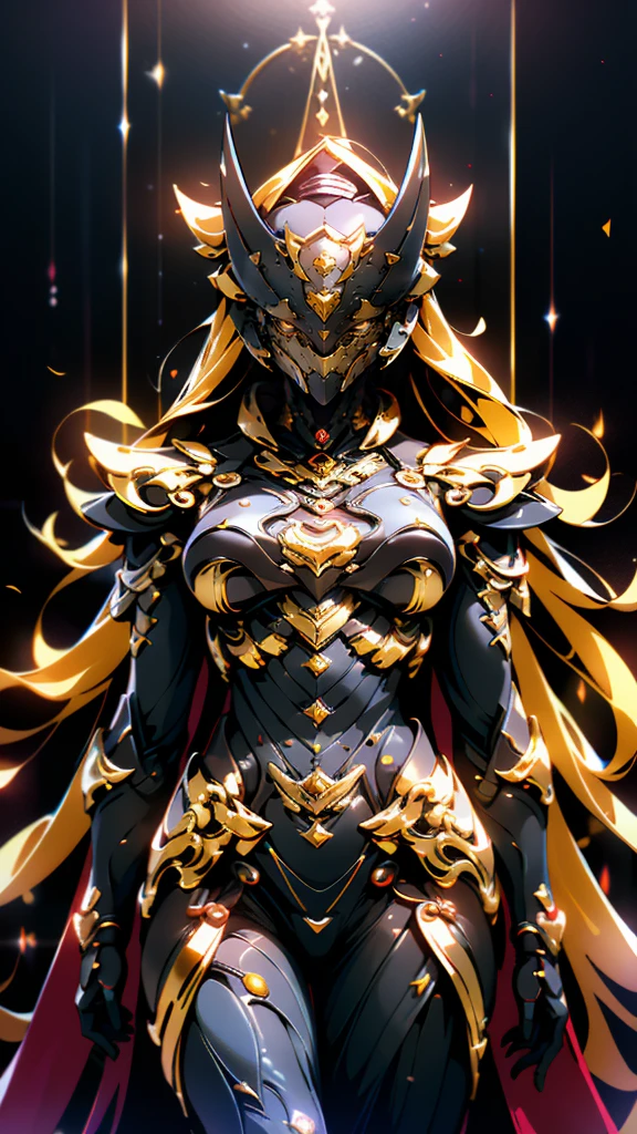 A woman adorned in fantasy-style full-body armor, a crown-concept fully enclosed helmet that unveils only her eyes, a composite layered chest plate, fully encompassing shoulder and hand guards, a lightweight waist armor, form-fitting shin guards, the overall design is heavy-duty yet flexible, (the armor gleams with a golden glow, complemented by red and blue accents), exhibiting a noble aura, she floats above a fantasy-surreal high-tech city, this character embodies a finely crafted fantasy-surreal style armored hero in anime style, exquisite and mature manga art style, (mixture of Queen bee and Spider concept Armor, plasma), ((Element, elegant, goddess, femminine:1.5)), metallic, high definition, best quality, highres, ultra-detailed, ultra-fine painting, extremely delicate, professional, anatomically correct, symmetrical face, extremely detailed eyes and face, high quality eyes, creativity, RAW photo, UHD, 32k, Natural light, cinematic lighting, masterpiece-anatomy-perfect, masterpiece:1.5