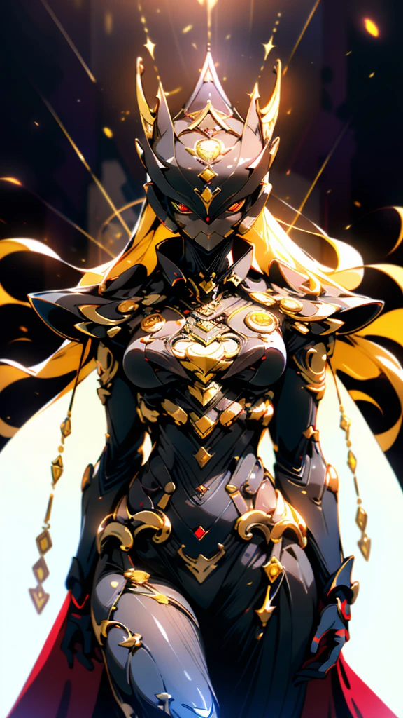 A woman adorned in fantasy-style full-body armor, a crown-concept fully enclosed helmet that unveils only her eyes, a composite layered chest plate, fully encompassing shoulder and hand guards, a lightweight waist armor, form-fitting shin guards, the overall design is heavy-duty yet flexible, (the armor gleams with a golden glow, complemented by red and blue accents), exhibiting a noble aura, she floats above a fantasy-surreal high-tech city, this character embodies a finely crafted fantasy-surreal style armored hero in anime style, exquisite and mature manga art style, (mixture of Queen bee and Spider concept Armor, plasma), ((Element, elegant, goddess, femminine:1.5)), metallic, high definition, best quality, highres, ultra-detailed, ultra-fine painting, extremely delicate, professional, anatomically correct, symmetrical face, extremely detailed eyes and face, high quality eyes, creativity, RAW photo, UHD, 32k, Natural light, cinematic lighting, masterpiece-anatomy-perfect, masterpiece:1.5