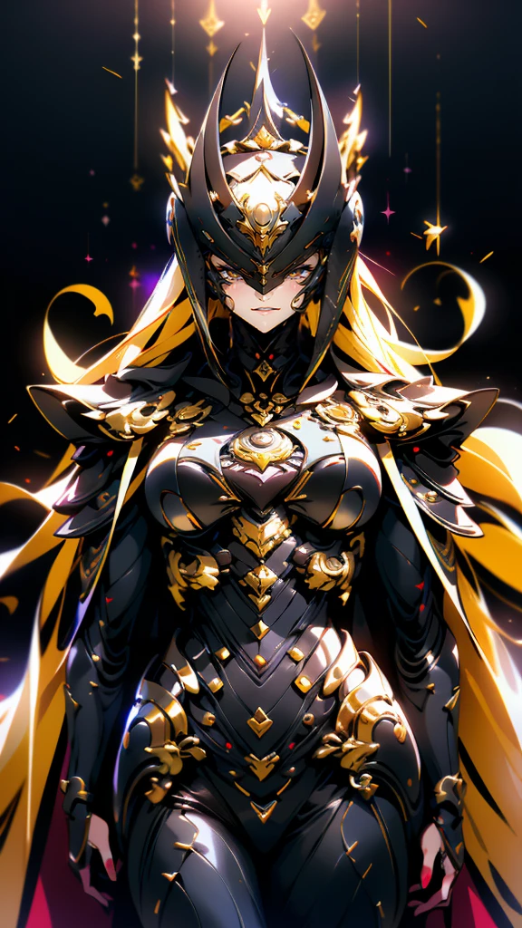 A woman adorned in fantasy-style full-body armor, a crown-concept fully enclosed helmet that unveils only her eyes, a composite layered chest plate, fully encompassing shoulder and hand guards, a lightweight waist armor, form-fitting shin guards, the overall design is heavy-duty yet flexible, (the armor gleams with a golden glow, complemented by red and blue accents), exhibiting a noble aura, she floats above a fantasy-surreal high-tech city, this character embodies a finely crafted fantasy-surreal style armored hero in anime style, exquisite and mature manga art style, (mixture of Queen bee and Spider concept Armor, plasma), ((Element, elegant, goddess, femminine:1.5)), metallic, high definition, best quality, highres, ultra-detailed, ultra-fine painting, extremely delicate, professional, anatomically correct, symmetrical face, extremely detailed eyes and face, high quality eyes, creativity, RAW photo, UHD, 32k, Natural light, cinematic lighting, masterpiece-anatomy-perfect, masterpiece:1.5