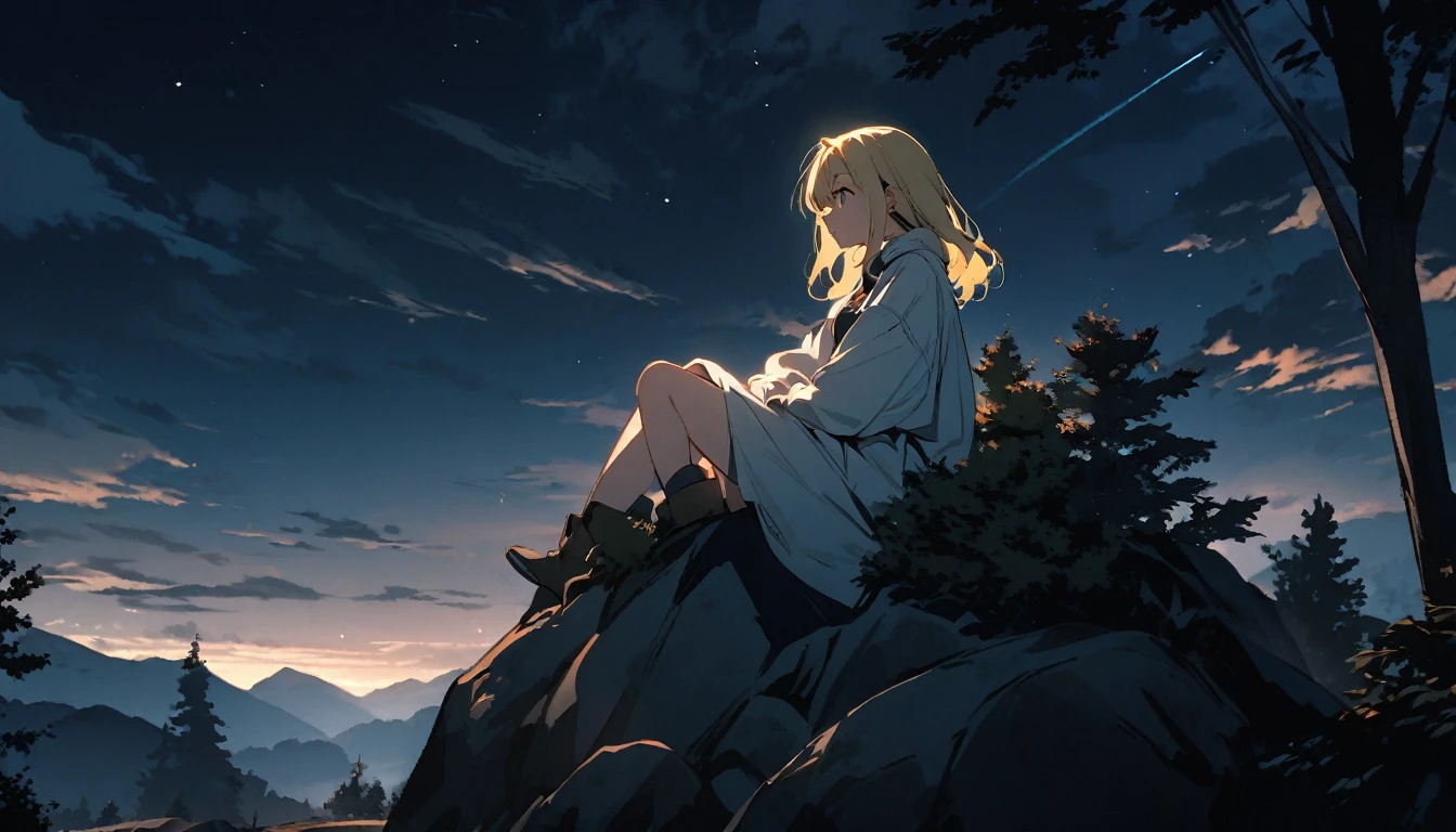 sky, 1girl close view, night sky, solo, outdoors, cloud, sitting on a rock , tree, long blond hair, sitting on a rock, in the mountains, a beautiful view , have some clouds