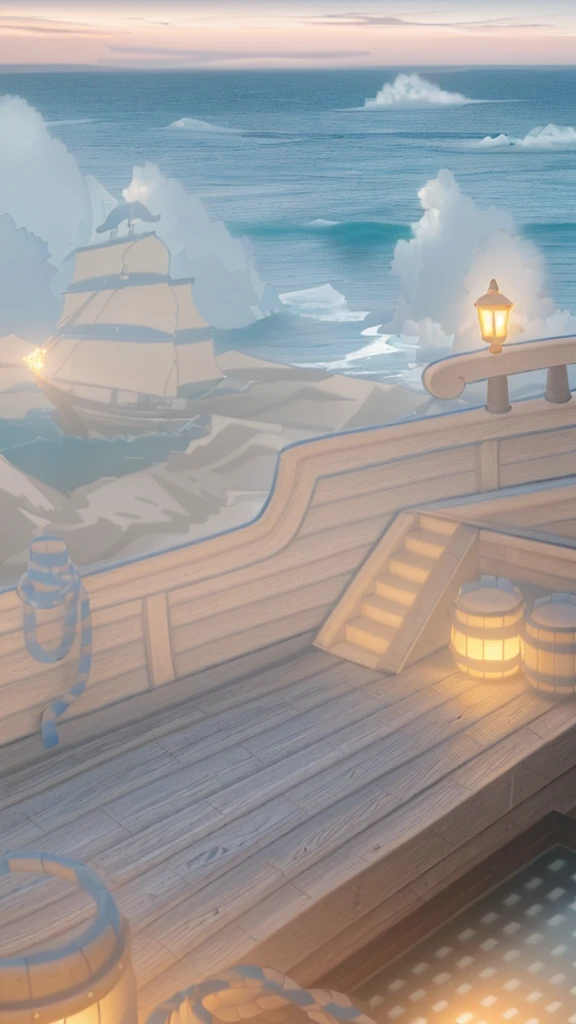 A ship floating on the sea,Barrels and scattered reins were neatly placed on the wooden deck.,There is a kerosene lamp on the guardrail for lighting.,In the distance, two ships are floating on the rough sea.,An island in the distance,There is also blue sky, white clouds and seagulls,Natural light,High Detail, Cubism, Divine Light, Vignette, Glowing lights, Ultra HD, masterpiece, precise, Super Detail, High Details, high quality, best quality, high resolution, 8K,High-definition quality,high quality海报
