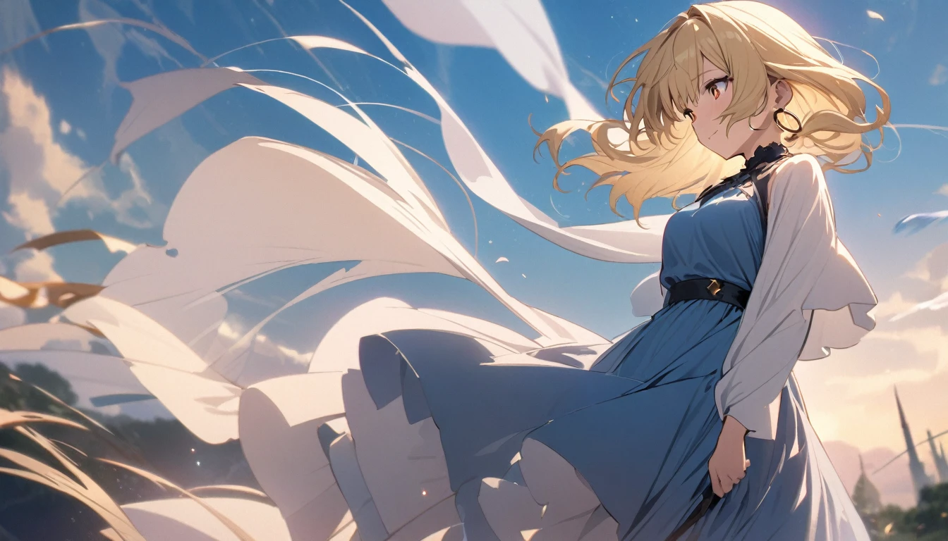 Masterpiece, 22 years old, Top Quality, High Resolution, Super Dimensional Face, Cute Eyes, Very Beautiful Girl in Long Blue Dress Anime Character, One Beautiful Girl, Long Dress, Solo, Blue Dress, (Bob-cut Hair:1.1), Amber Eyes, Gazing, Blonde Hair, ((Hair Fluttering in Wind)), , Medium Chest, Hoop Earrings, Fluttering hair, Fantastic, Light smile, Dynamic, Fantasy,