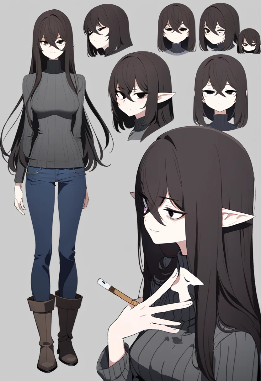 One Woman,Downer,older sister,Concept Art,Dark brown hair,Straight hair with slight inward curls,Staring eyes,Eye Ridge,black eye,Crossed bangs,whole body,smile,Slightly larger breasts,Gray background,Bangs that reach down to the eyes,Messy hair,Tight dark jeans,Gray turtleneck sweater,Multiple views of the same character,Character Design,Dark circles under the eyes,Bad look,Listless,Sloppy,Silver Jewelry,Cafe staff,Holding a cigarette,whole bodyCharacter Design,Detailed hands,Height: 170cm,boots,fleshy,