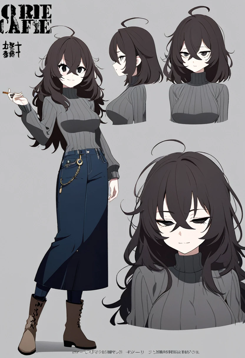 One Woman,Downer,older sister,Concept Art,Dark brown hair,Straight hair with slight inward curls,Staring eyes,Eye Ridge,black eye,Crossed bangs,whole body,smile,Slightly larger breasts,Gray background,Bangs that reach down to the eyes,Messy hair,Tight dark jeans,Gray turtleneck sweater,Multiple views of the same character,Character Design,Dark circles under the eyes,Bad look,Listless,Sloppy,Silver Jewelry,Cafe staff,Holding a cigarette,whole bodyCharacter Design,Detailed hands,Height: 170cm,boots,fleshy,