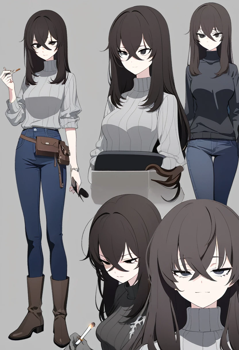 One Woman,Downer,older sister,Concept Art,Dark brown hair,Straight hair with slight inward curls,Staring eyes,Eye Ridge,black eye,Crossed bangs,whole body,smile,Slightly larger breasts,Gray background,Bangs that reach down to the eyes,Messy hair,Tight dark jeans,Gray turtleneck sweater,Multiple views of the same character,Character Design,Dark circles under the eyes,Bad look,Listless,Sloppy,Silver Jewelry,Cafe staff,Holding a cigarette,whole bodyCharacter Design,Detailed hands,Height: 170cm,boots,fleshy,