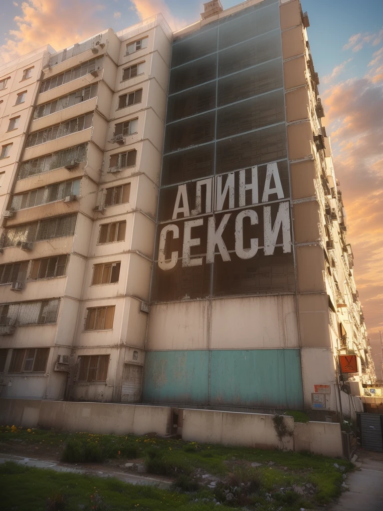 there is a large building with a sign, on which it is written:, Superimposed Cyrillic words