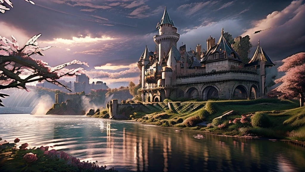 In the morning light, there is a castle by the lake. The rose garden is full of roses,surrounded by clouds and mist, It is romantic and dreamy ,super large scene,Thomas Kincaid,ultra wide Angle,high-definition picture,detailed,rendered in artstation Blurred edges