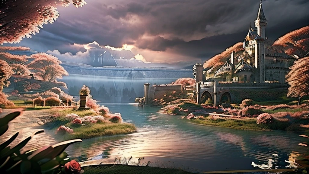 In the morning light, there is a castle by the lake. The rose garden is full of roses,surrounded by clouds and mist, It is romantic and dreamy ,super large scene,Thomas Kincaid,ultra wide Angle,high-definition picture,detailed,rendered in artstation Blurred edges
