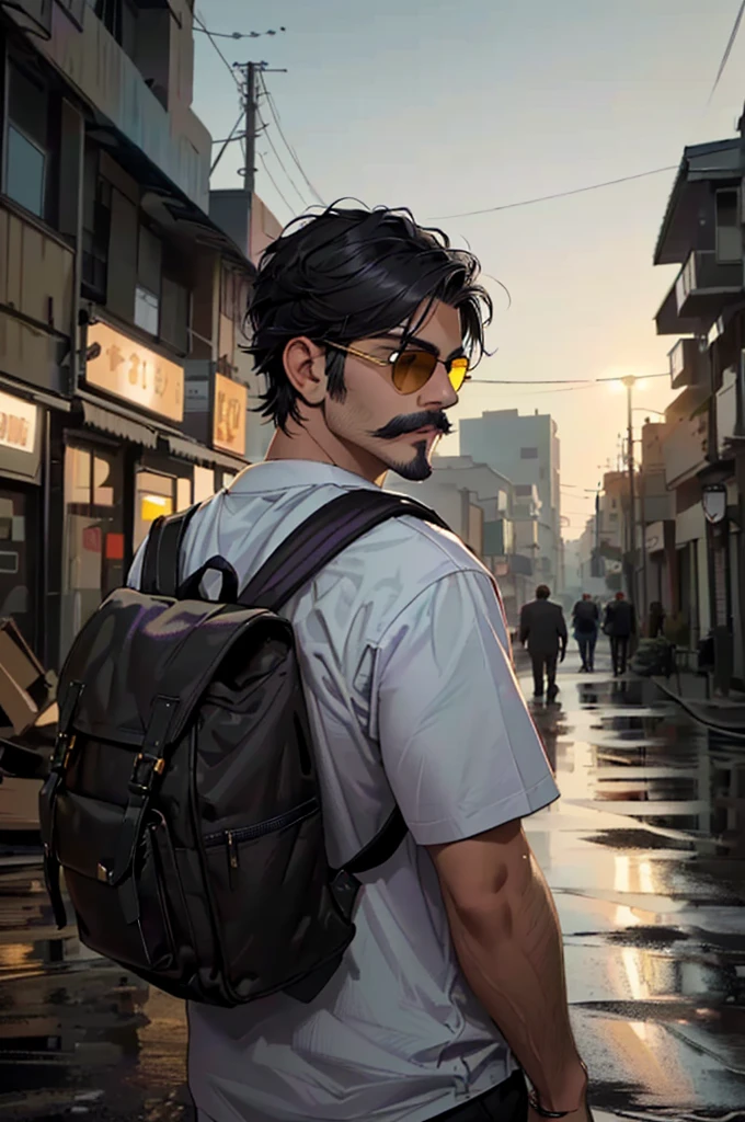 There is only ONE YOUNG MAN with his back to the camera, looking over his shoulder. He is Caucasian, has fair skin, a thin nose, short black hair and a beardless mustache. He is wearing black Rayban aviator sunglasses, dressed in a black suit, purple tie, black dress shoes with gold details. He is holding a brown canvas backpack. 