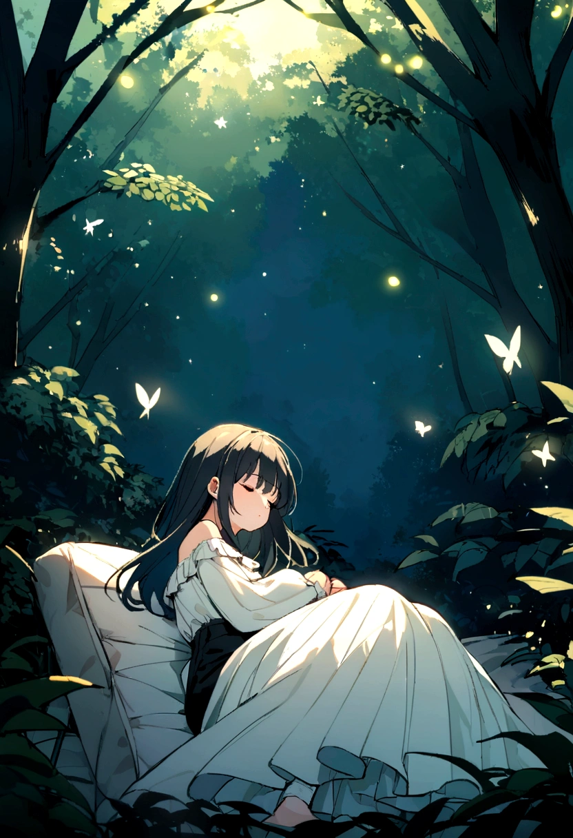 In the dense forest、背の高い暗いwood々A quiet night scene where the trees form a natural canopy。In the foreground、A young woman with long dark hair is sleeping peacefully on a white mattress、The mattress blends in with the forest floor。She is wearing a loose white off-the-shoulder blouse and black pants.、Sleeping on your side with your hands clasped gently next to your face。The scene is illuminated by the soft and mysterious light of countless fireflies and butterflies floating around her.、It casts a magical light on the environment.。wood々The dark blue sky with scattered stars visible through the canopy of the、It enhances the fantastic atmosphere.。The overall mood is tranquil and dreamy.。