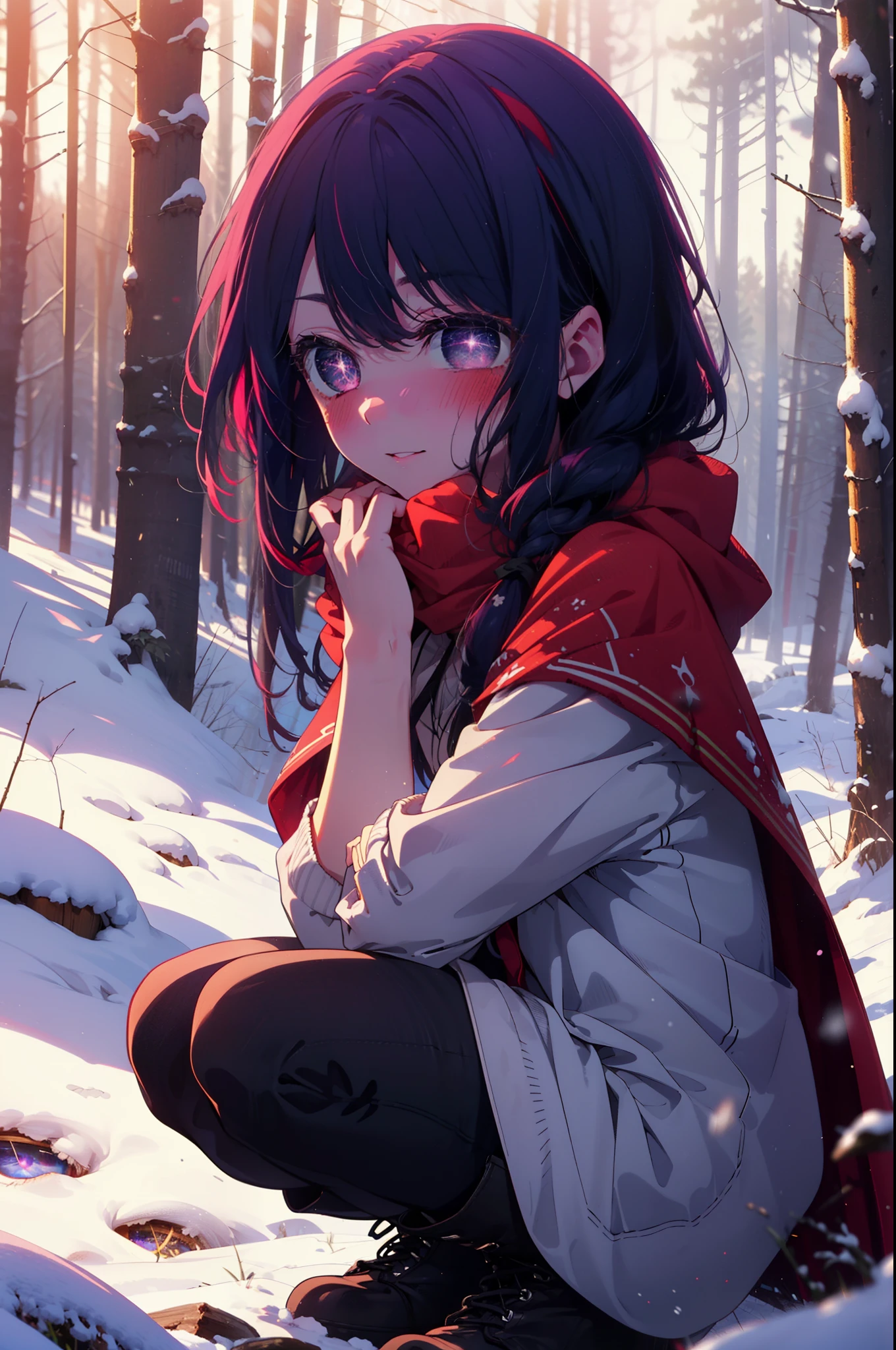 aihoshino, ai hoshino, Long Hair, bangs, (Purple eyes:1.1), Purple Hair, (Symbol-shaped pupil:1.5), smile,,smile,blush,White Breath,
Open your mouth,snow,Ground bonfire, Outdoor, boots, snowing, From the side, wood, suitcase, Cape, Blurred, , forest, White handbag, nature,  Squat, Mouth closed, Cape, winter, Written boundary depth, Black shoes, red Cape break looking at viewer, Upper Body, whole body, break Outdoor, forest, nature, break (masterpiece:1.2), Highest quality, High resolution, unity 8k wallpaper, (shape:0.8), (Beautiful and beautiful eyes:1.6), Highly detailed face, Perfect lighting, Extremely detailed CG, (Perfect hands, Perfect Anatomy),