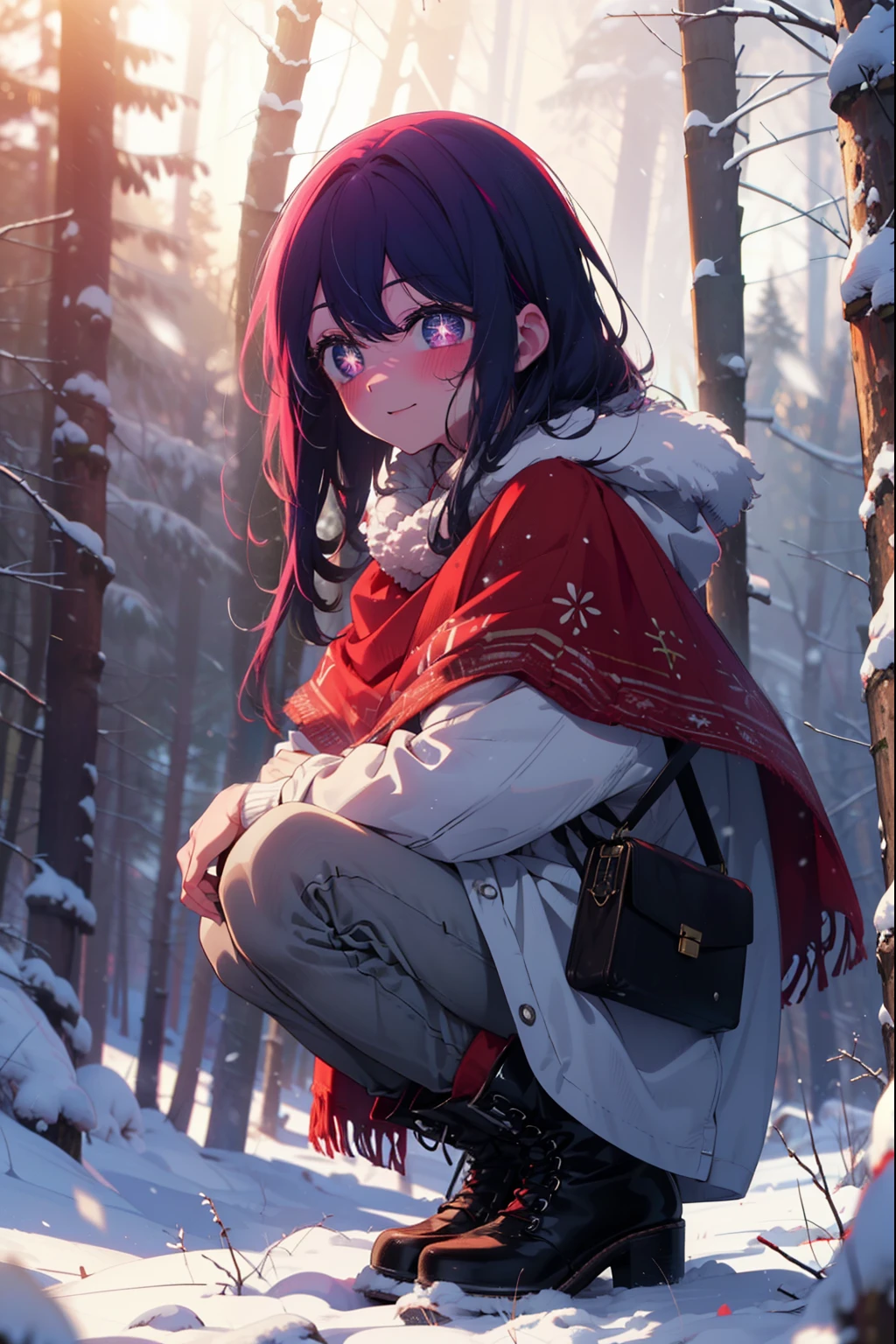 aihoshino, ai hoshino, Long Hair, bangs, (Purple eyes:1.1), Purple Hair, (Symbol-shaped pupil:1.5), smile,,smile,blush,White Breath,
Open your mouth,snow,Ground bonfire, Outdoor, boots, snowing, From the side, wood, suitcase, Cape, Blurred, , forest, White handbag, nature,  Squat, Mouth closed, Cape, winter, Written boundary depth, Black shoes, red Cape break looking at viewer, Upper Body, whole body, break Outdoor, forest, nature, break (masterpiece:1.2), Highest quality, High resolution, unity 8k wallpaper, (shape:0.8), (Beautiful and beautiful eyes:1.6), Highly detailed face, Perfect lighting, Extremely detailed CG, (Perfect hands, Perfect Anatomy),