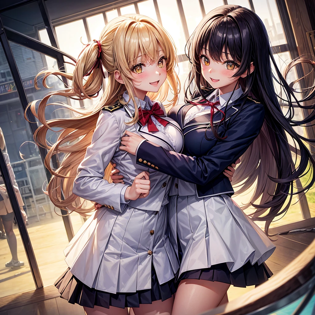 best quality,8K,smile,blazer,20 girls,ribbon on uniform,chool Graduation Ceremony,middle School girls,Girl groupultiple girls are depicted,Harem,idol group,photo shoot,long hair,wearing a cardigan,highest quality,big breasts,happy girl,horny girl,yellow eyes,perfect face,standing position,girls hugging each other,letting down one's bangs,beautiful eyes,corridor,girls hugging each other,smooth hair,multicolored hair colors,naughty girl,beautiful girl,beautiful girl,loose socks,The most beautiful girl ever