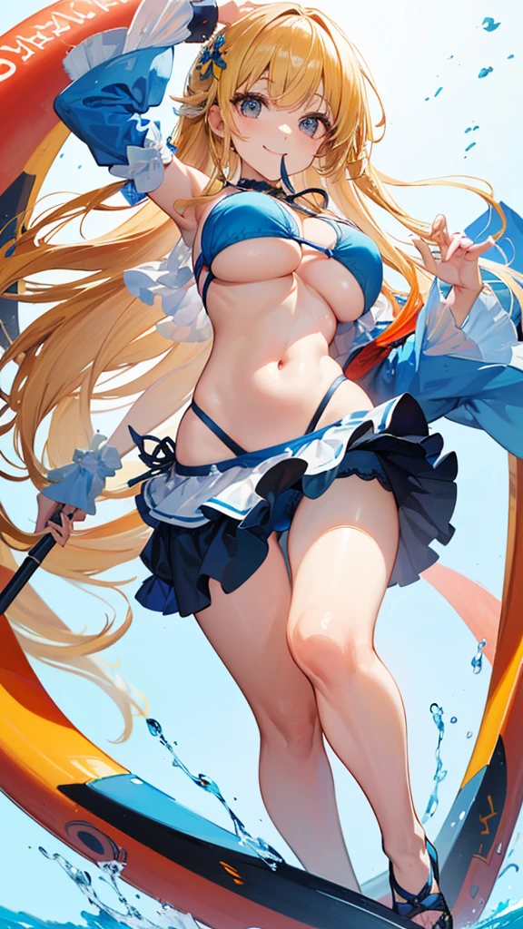 (8k、Highest quality、Highest quality、masterpiece)、Detailed face、One person、 Blonde、((mesugaki:1.4),Big Breasts,Swimwear,bikini,Look down on me、(Open your mouth:1.2),From below,Wicked Smile、、