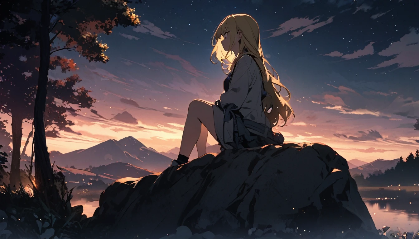 sky, 1girl close view, night sky, solo, outdoors, cloud, sitting on a rock , tree, long blond hair, sitting on a rock, in the mountains, a beautiful view , have some clouds