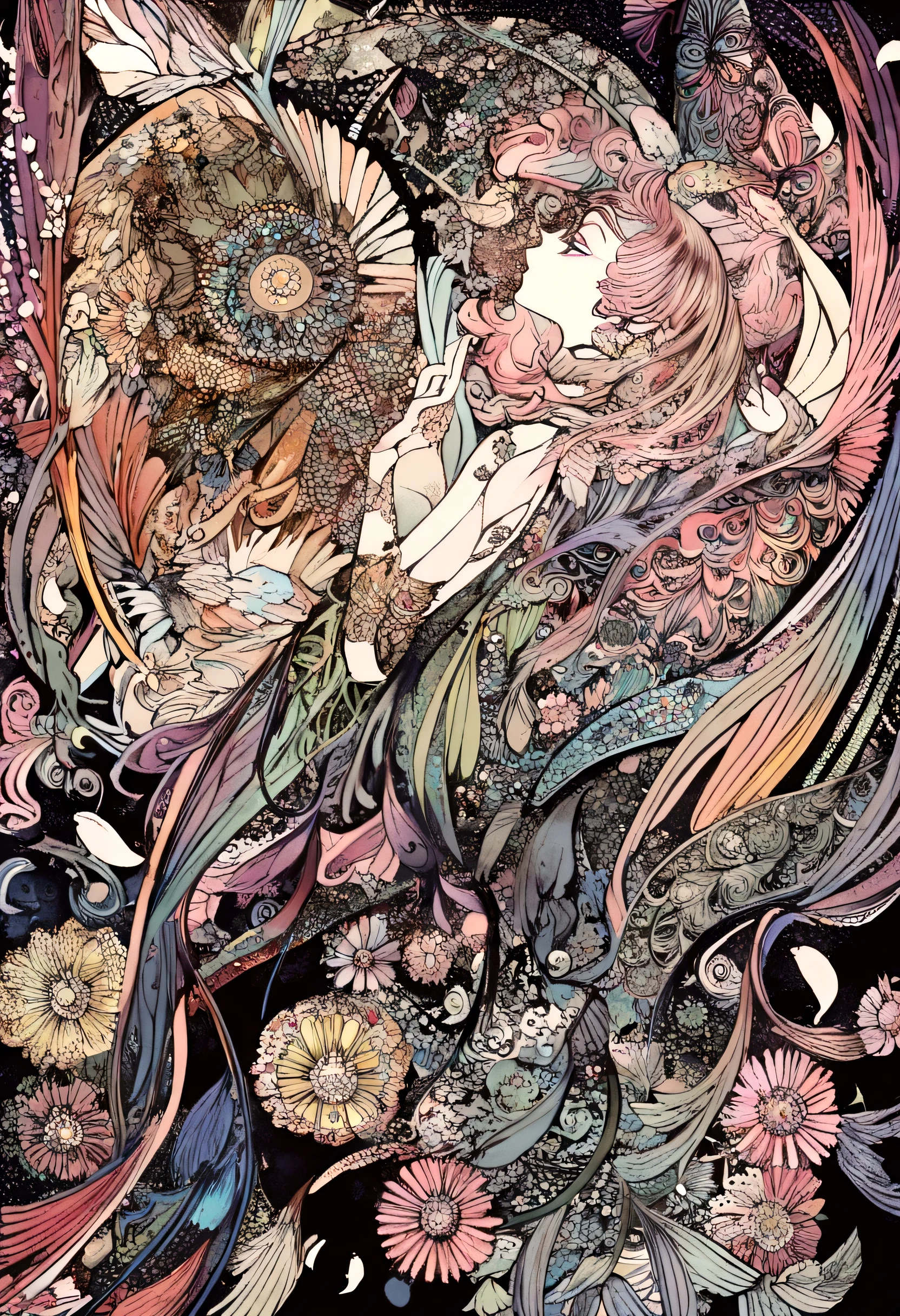 (1girl, solo, from side), extremely detailed, (abstract background, zentangle, fractal art:1.3), (many colors, colorful:1.1), (feathers, petals, flowers:1.3), dynamic pose, earrings,pink hair,jitome