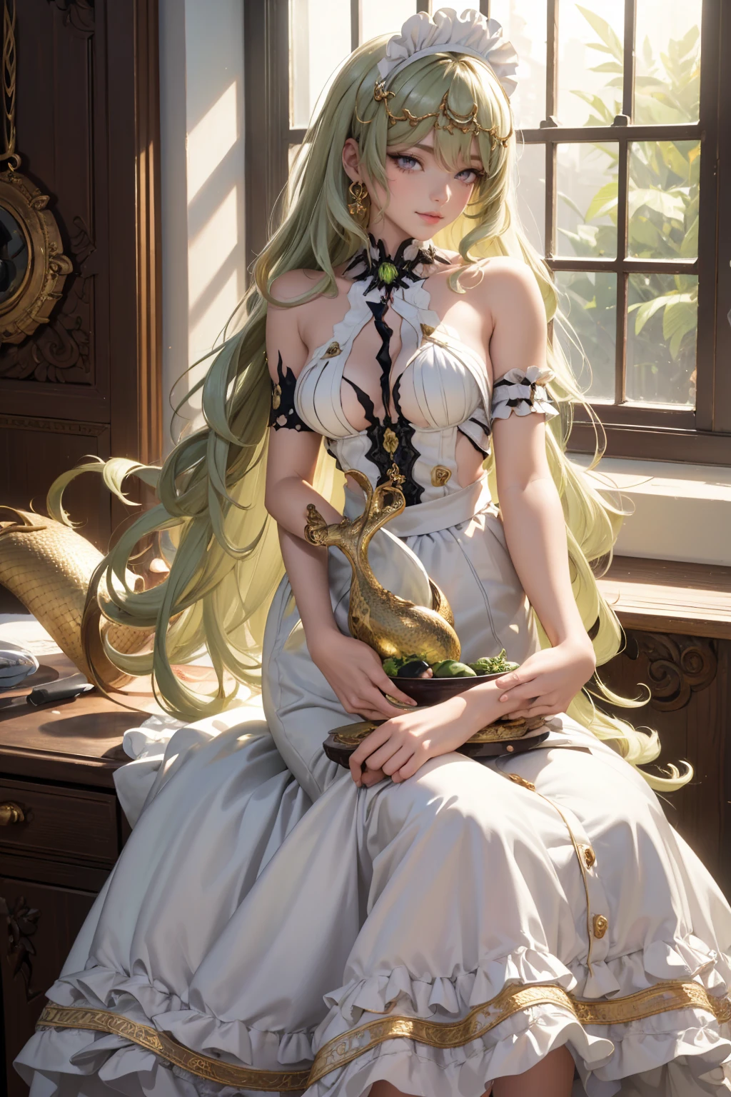 Mobius_(honkai impact 3d), white camelias, ornament hair, a snake girl, perfectly body, perfectly hands, wave hair, light green hair, long hair, maid, maid dress, maid headdress, maid apron, stand up close to the window, kitchen, kitchen scenery, gold lantern, white dress, more details on her clothes, white dress, golden details, night, smiling, coat, ((4k, masterpiece, top-quality)),8k, best quality, high resolution, HD, (illustration:0.8), super cute girl, delicate and beautiful face, 1girl, solo, mature girl, super cute hairstyle, (beautiful detailed eyes:1.6), extremely detailed face, perfect lighting, extremely detailed CG, (perfect hands, perfect anatomy), Best quality, cleavage, skirt, full Body, perfect body, sitting,