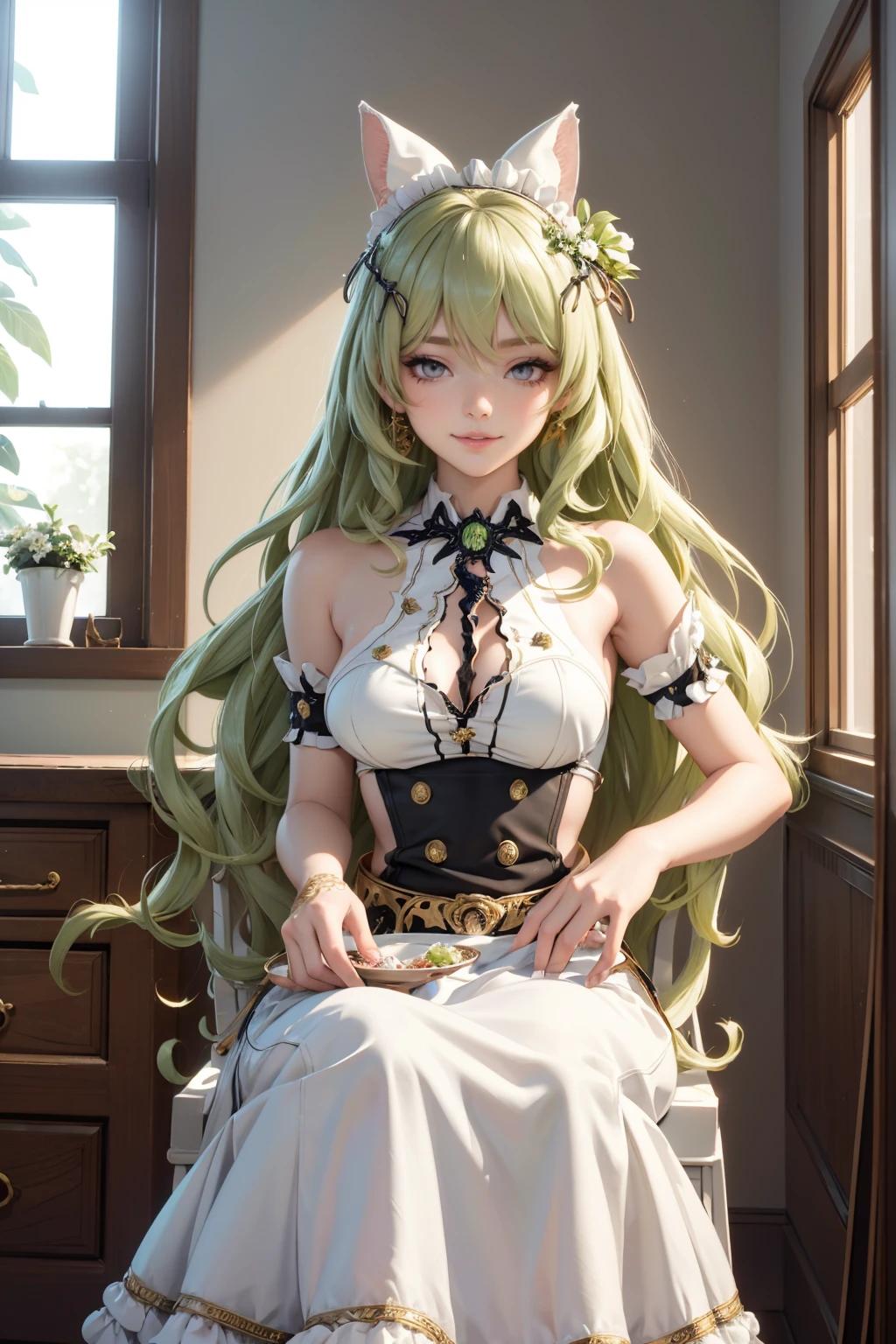 Mobius_(honkai impact 3d), white camelias, ornament hair, a snake girl, perfectly body, perfectly hands, wave hair, light green hair, long hair, maid, maid dress, maid headdress, maid apron, stand up close to the window, kitchen, kitchen scenery, gold lantern, white dress, more details on her clothes, white dress, golden details, night, smiling, coat, ((4k, masterpiece, top-quality)),8k, best quality, high resolution, HD, (illustration:0.8), super cute girl, delicate and beautiful face, 1girl, solo, mature girl, super cute hairstyle, (beautiful detailed eyes:1.6), extremely detailed face, perfect lighting, extremely detailed CG, (perfect hands, perfect anatomy), Best quality, cleavage, skirt, full Body, perfect body, sitting,