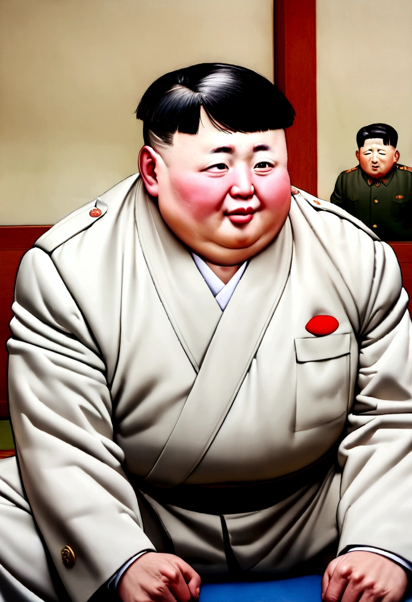 A photo of Kim Jong-un at a traditional Korean martial arts dojo,original,Kim Jong-un, North Korean leader, Known for his distinctive appearance: Round face, Shave the sides、A distinctive haircut with long hair on top, And a stocky build. He is often seen in public wearing suits and military uniforms., This further enhances his authoritative image..