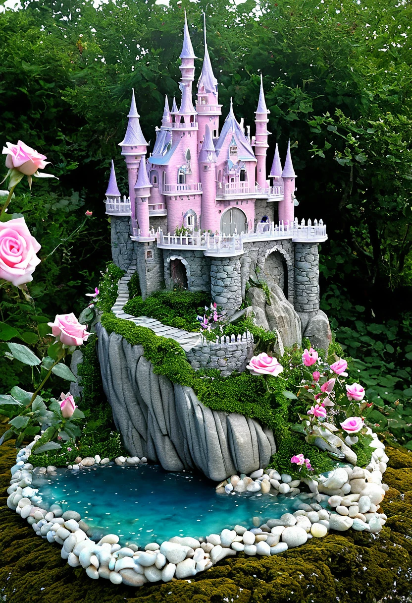 there is a castle on a rock with pink roses on it, flying cloud castle, magical castle, very magical and dreamy, fairy tale setting, fairy palace, dreamy and detailed, faery palace, seashell house, castle setting, romantic storybook fantasy, beautiful castle, little mermaid magical kingdom, fantastical setting, beautiful detailed miniature, fantasy castle, magical and mystical