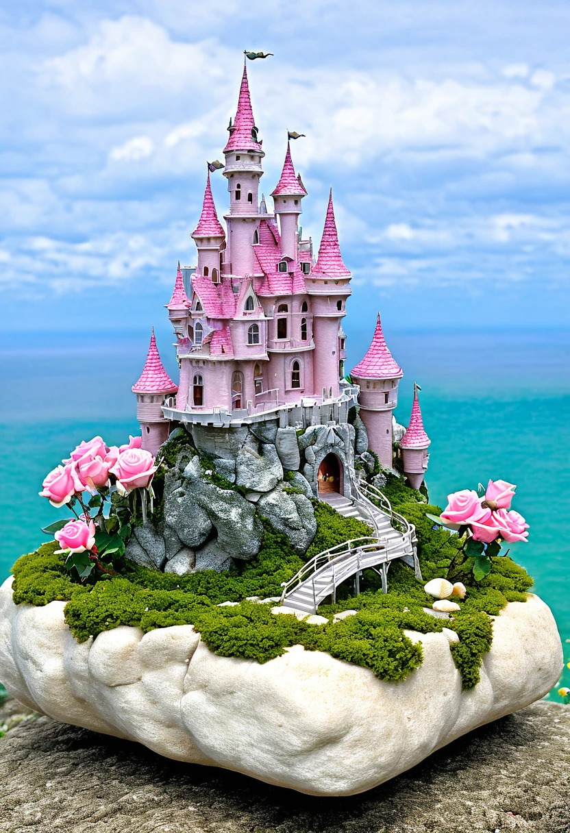 there is a castle on a rock with pink roses on it, flying cloud castle, magical castle, very magical and dreamy, fairy tale setting, fairy palace, dreamy and detailed, faery palace, seashell house, castle setting, romantic storybook fantasy, beautiful castle, little mermaid magical kingdom, fantastical setting, beautiful detailed miniature, fantasy castle, magical and mystical
