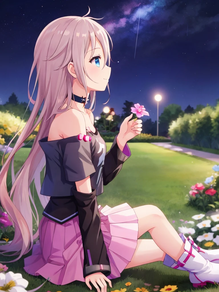 one girl, IA, vocaloid, skirt, black shirt, off shoulder, choker, beautiful, girl from other planet, happy, mysterious girl, boots, sitting on garden ground, full body, hold knee, from side, gaze at sky, night sky, face in profile