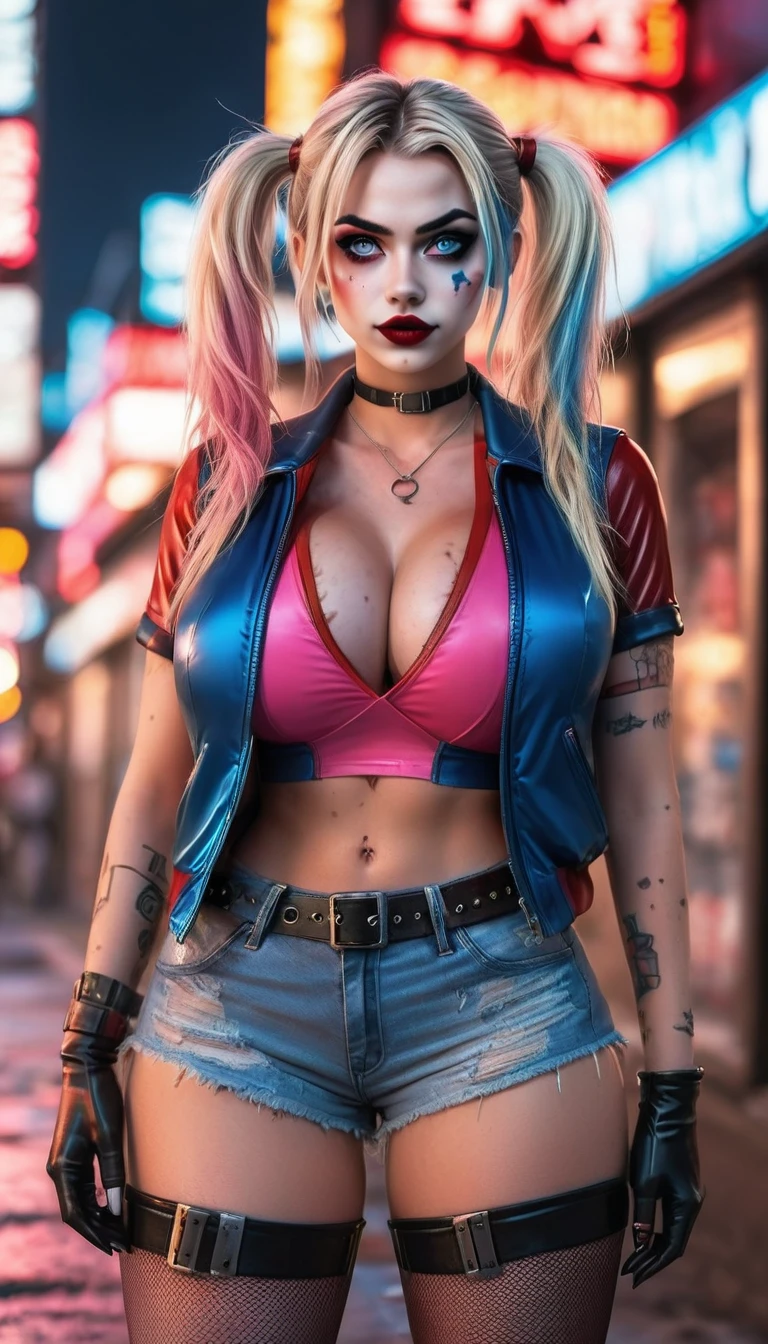 A fierce female character stands confidently in the center of a dark, psychotic smile, gritty urban street at night. She has strikingly bold makeup with heavy eyeliner and bright red lipstick. Her hair is styled in two high pigtails, with one side dyed pink and the other side dyed blue. She is dressed in a torn white shirt with "Daddy's Lil Monster" written on it, Harley Quinn look, paired with a shiny red and blue bomber jacket. She also wears a pair of fishnet stockings, very short ripped red and blue shorts, and a studded belt. She holds a baseball bat over her shoulder with a determined expression on her face. The background features blurred storefronts with neon lights, adding to the urban, chaotic atmosphere. The overall vibe of the image is rebellious and edgy. Distant full body view, ultra realistic photo, 16k, vibrant colors