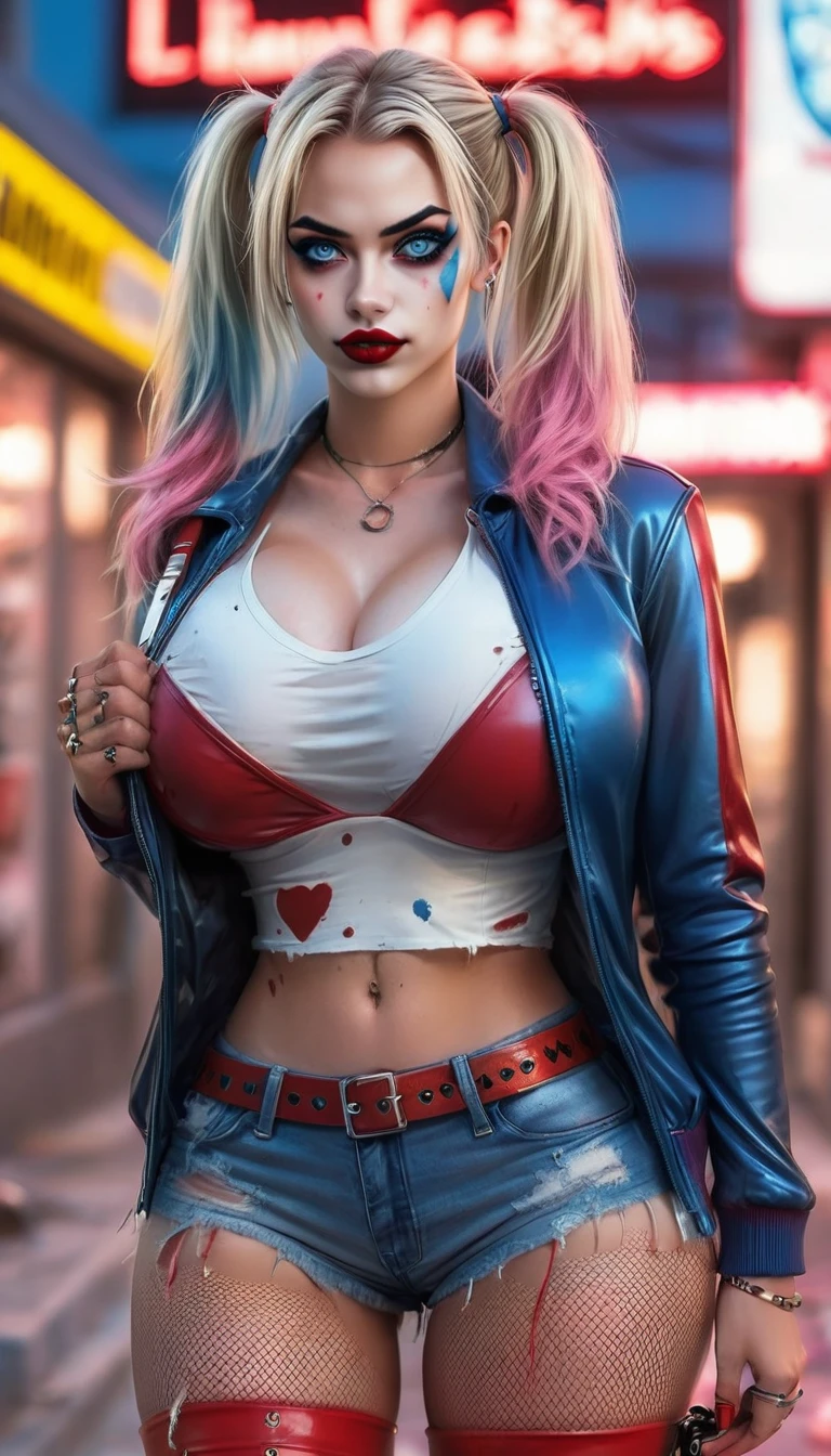 A fierce female character stands confidently in the center of a dark, psychotic smile, gritty urban street at night. She has strikingly bold makeup with heavy eyeliner and bright red lipstick. Her hair is styled in two high pigtails, with one side dyed pink and the other side dyed blue. She is dressed in a torn white shirt with "Daddy's Lil Monster" written on it, Harley Quinn look, paired with a shiny red and blue bomber jacket. She also wears a pair of fishnet stockings, very short ripped red and blue shorts, and a studded belt. She holds a baseball bat over her shoulder with a determined expression on her face. The background features blurred storefronts with neon lights, adding to the urban, chaotic atmosphere. The overall vibe of the image is rebellious and edgy. Distant full body view, ultra realistic photo, 16k, vibrant colors