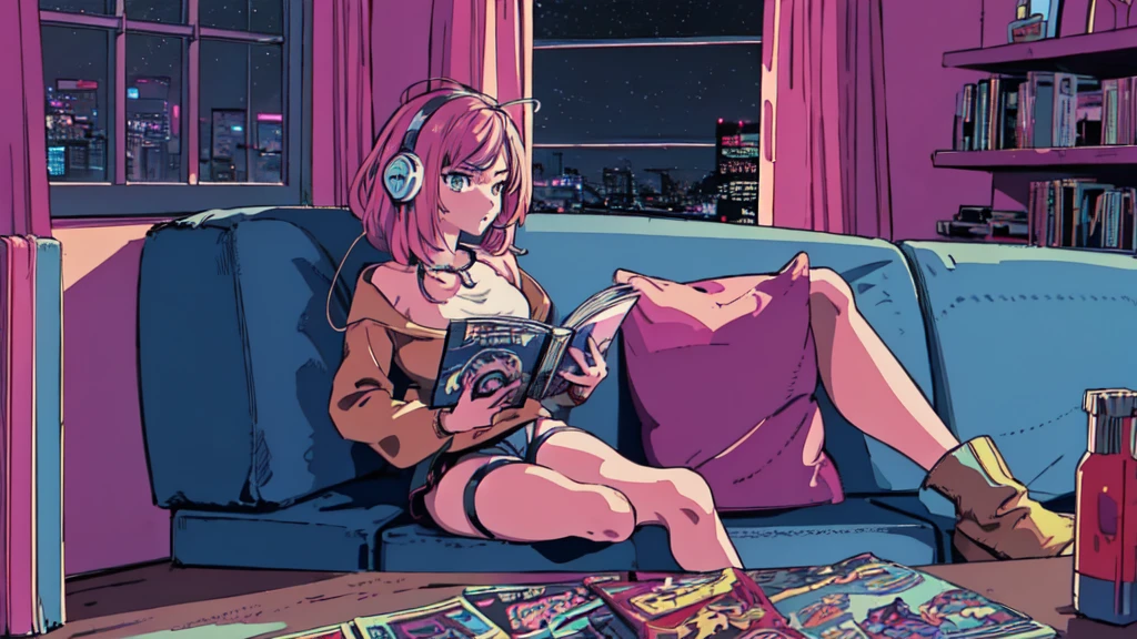 Highest quality, 4k wallpaper, masterpiece, Highly detailed CG Unity 8k wallpaper, Very fine grain, Super detailed, Intricate details, Retro art style, ((Synthwave art style)), (Girl sitting on sofa,In a cozy room,Records hanging on her wall, Comic books on the floor, Looking out the window behind her at the night city, Upholstered room, Anime figures lined up on a shelf,Wearing headphones)